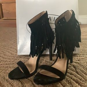 Steve Madden black suede, fringe heels, Size 9.